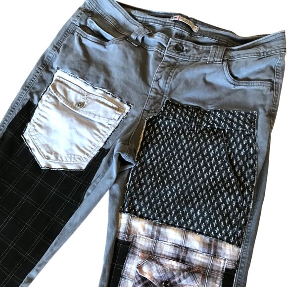 Grunge Hippie Pants, 12 Petite: Upcycled Gray Tattered Patchwork Grunge Jeans - Picture 6 of 8